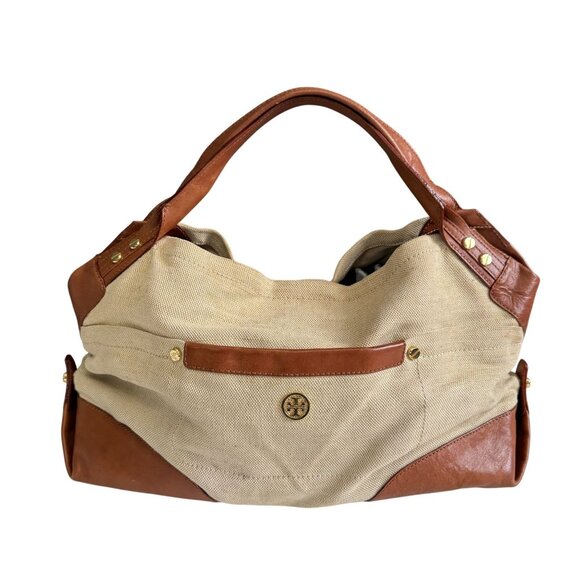 Vintage Tory Burch Canvas Leather Tote Bag Women's Beige Brown Gold-Tone Logo - Picture 1 of 16